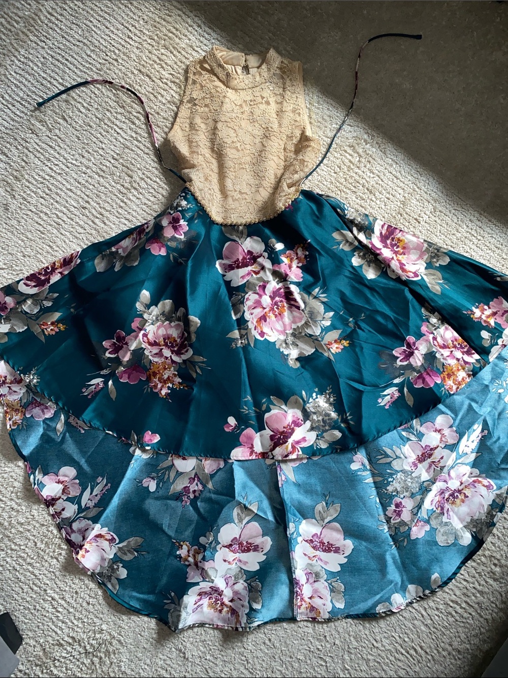 Speechless Teal Floral Full Skirt with Cream Lace Bodice